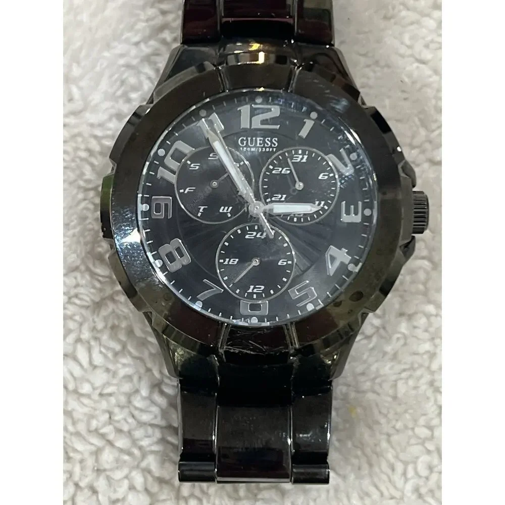 Guess Rush 42mm WaterPro Master Calendar, Day, Date. Black New Battery.